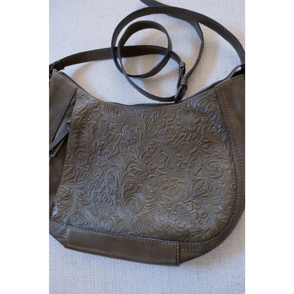 Genuine Leather Embossed Floral Crossbody Bag Olive Taupe Western Boho Half Moon